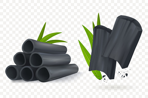 Bamboo charcoal vector illustration. Realistic Cosmetic charcoal isolated on transpartent background. Pieces of activated carbon. Natural component. Eps 10.