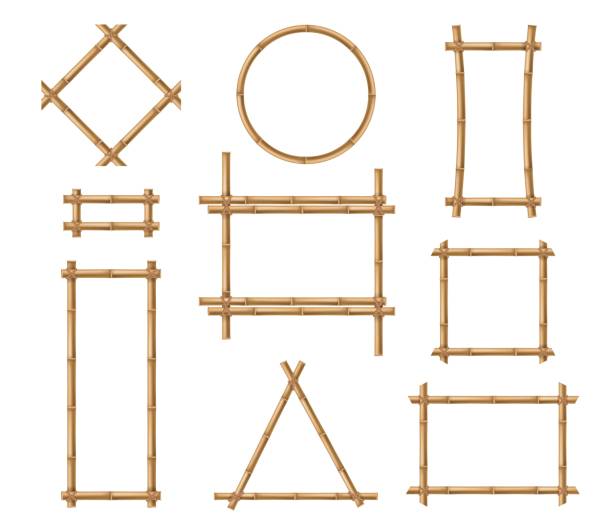 Bamboo frame. Wooden brown bamboo stick square and round border frames tied by ropes in japanese and chinese style vector isolated mockups Bamboo frame. Wooden brown bamboo stick square and round border frames tied by ropes in japanese and chinese style vector isolated board nature mockups bamboo material stock illustrations