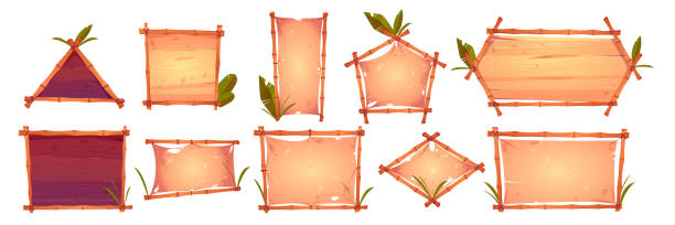 Bamboo frames with old parchment wooden background Bamboo frames with old parchment, wooden planks background and palm leaves. Different shapes hawaiian or polynesian style borders for hut bar, cartoon signboards, empty vector banners or posters set beach borders stock illustrations