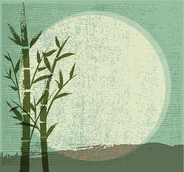 Bamboo, Moon and Mountain vector art illustration