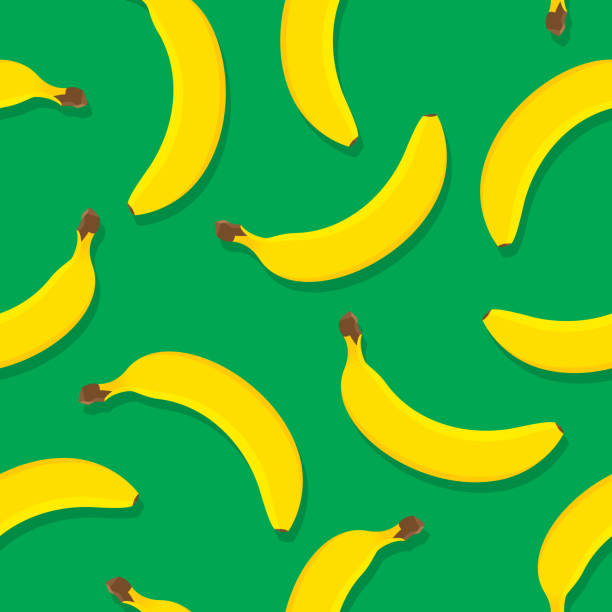 Banana Pattern Flat Vector illustration of bananas in a repeating pattern against a green background. banana designs stock illustrations
