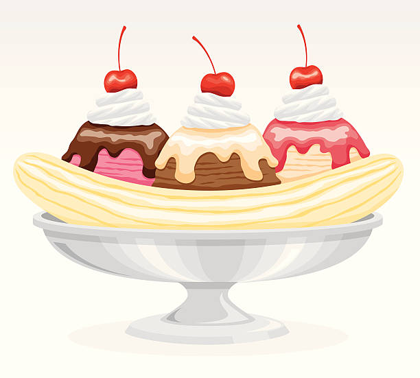 Banana Split A traditional banana split style sundae: Split banana surrounding one scoop each of chocolate, strawberry and vanilla ice cream. Topped with sweet sauces, whipped cream and cherries. File contains only one gradient, the background shape, which is on its own layer. The rest of the shapes do not use gradients. ice cream sundae stock illustrations