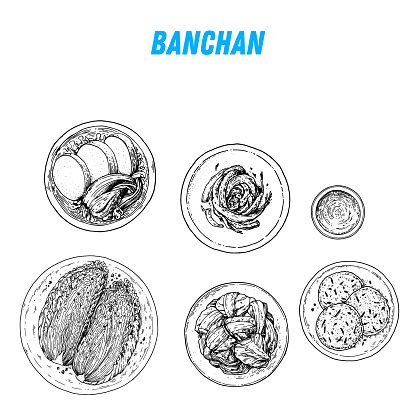 Banchan sketch, korean food. Hand drawn vector illustration. Sketch style. Top view. Vintage vector illustration.