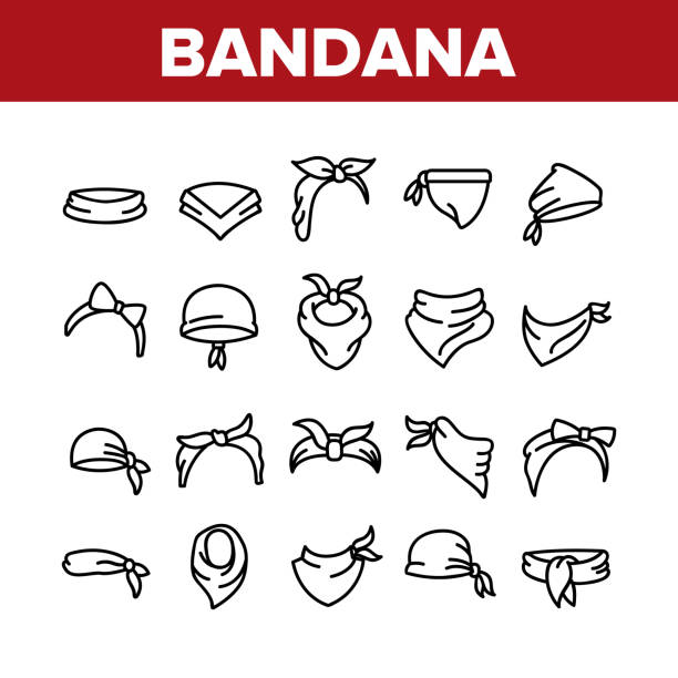 Bandana Hats Collection Elements Icons Set Vector Bandana Hats Collection Elements Icons Set Vector Thin Line. Bandana Windy Hair Dressing, Headband For Woman Hairstyle, Cowboy Face Mask Concept Linear Pictograms. Monochrome Contour Illustrations handkerchief stock illustrations