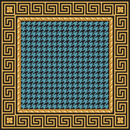 Bandana, pocket square range print on a turquoise and black chicken feet pattern background, with Greek golden Meander frieze, cable frame with flower gold décor. 2 pattern brushes in the brush palette