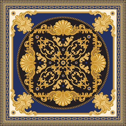 Bandana print on black and blue background, Gold chains and cables, Greek meander frieze, Baroque scrolls, Rococo sea shells and sapphire jewelry gem stones. Scarf, neckerchief, kerchief, carpet, rug, mat