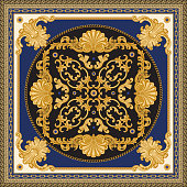 istock Bandana print on black and blue background, Gold chains and cables, Greek meander frieze, Baroque scrolls, Rococo sea shells and sapphire jewelry gem stones. Scarf, neckerchief, kerchief, carpet, rug, mat 1298230121