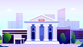Bank building. Banking investment wealth growth symbols. Bank facade with columns on street government buildings financial vector. Illustration federal bank institution, public structure