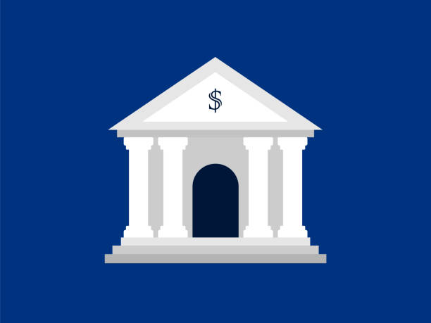 Bank building isolated on blue background. Business and finance concept. White bank building icon with a dollar sign. Ancient greek architecture with columns.  Vector illustration, flat, clip art. federal reserve stock illustrations