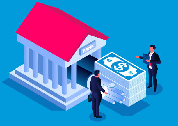 Bank business loan, isometric bank holding a pile of money inside outstretched hand vector art illustration