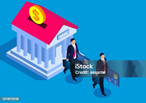 istock Bank business loan, isometric businessman walking out of the bank holding a bank card 1311875018