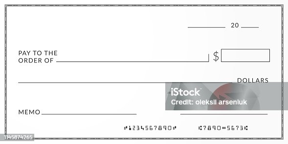 istock Bank check template. Checkbook page background with empty fields. 1145874265