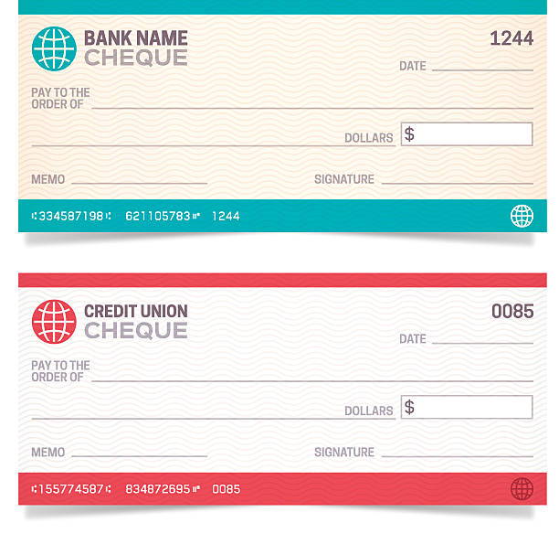 Bank Checks Bank and Credit Union cheques with space for your copy. EPS 10 file. Transparency effects used on highlight elements. check financial item stock illustrations