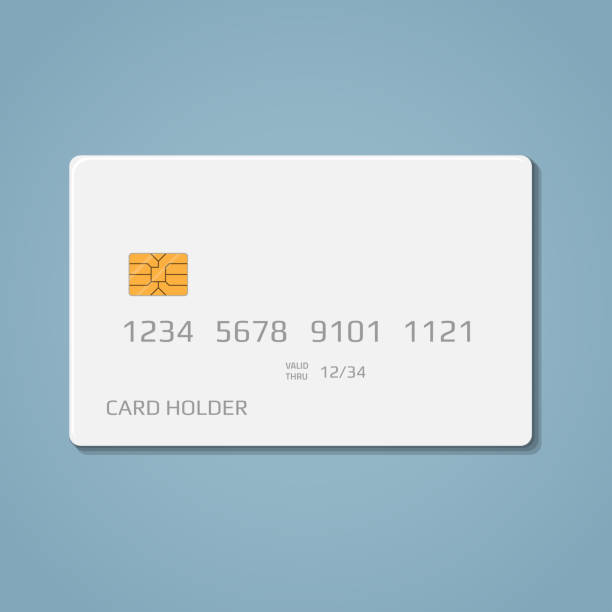 Bank credit debit card A realistic bank credit or debit card with a chip to pay for purchases in the store and the Internet. Blank white card with volumetric numbers and letters, on a blue background. credit card stock illustrations