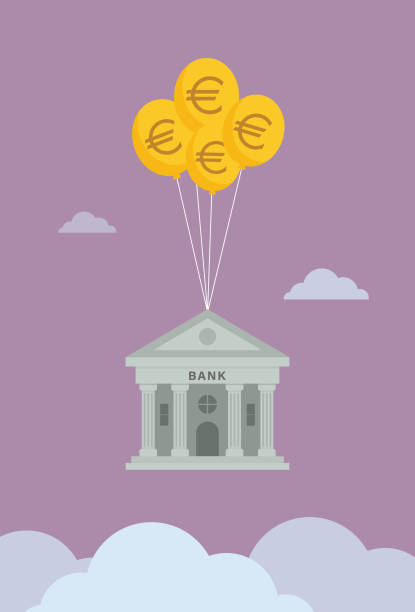 ilustrações de stock, clip art, desenhos animados e ícones de bank float in the sky by a euro symbol balloon - notas euros voar