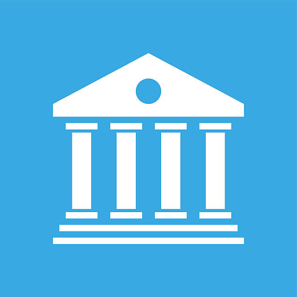 Bank icon on a blue background. Illustration includes a white, Bank icon on a blue, square shape, color button on a white background. wall street stock illustrations