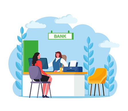 Bank manager consulting client about cash or deposit, credit operations. Banking employee, insurance agent sitting at desk with customer. Vector illustraton