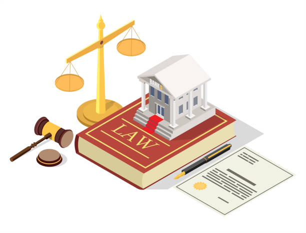 Bank regulation law vector flat isometric illustration Banking law vector concept illustration. Isometric legal symbols Law book with bank building, scales of justice, judge gavel, agreement. Bank regulation law composition for web banner, website page. rules stock illustrations
