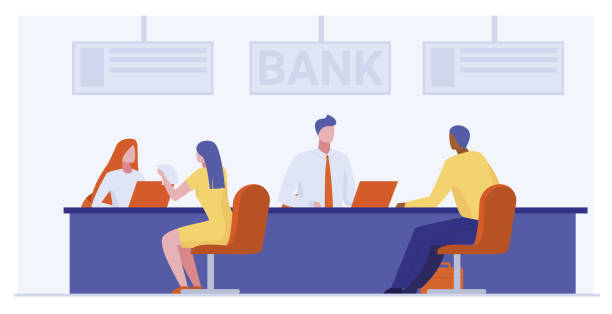 illustrations, cliparts, dessins animés et icônes de travailleurs de la banque fournissant des services aux clients - banquier