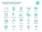 Banking and Finance Flat Icon Set with Editable Stroke and Pixel Perfect.