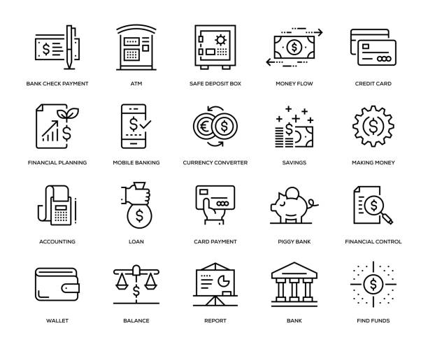 ilustraciones, imágenes clip art, dibujos animados e iconos de stock de banca y finanzas conjunto de iconos - banking