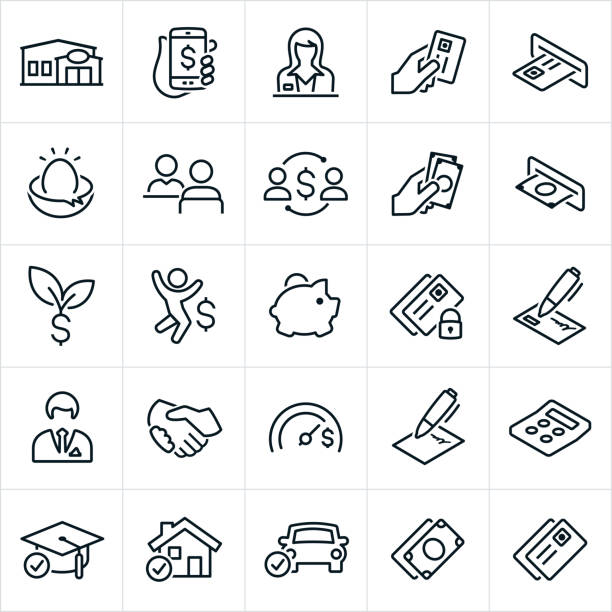 Banking and Finance Icons A set of banking and finance icons. The icons include a bank, credit union, online banking, mobile banking, bank teller, credit card, cash, ATM machine, nest egg, loan officer, investment, savings, piggy bank, savings account, security, check, banker, handshake, goal, agreement, loan, calculator, education, home loan and car loan. nest egg stock illustrations