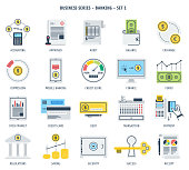 Abstract icons of banking for financial investment, business development, exchange market and online payments. Mix of line and flat design in icons set. Vector illustration concept.
