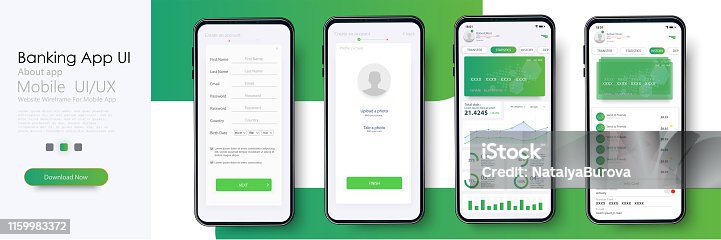 istock Banking App UI, UX Kit for responsive mobile app or website with different GUI layout including Login, Create Account, Profile, Transaction and Notification screens. Vector illustration 1159983372