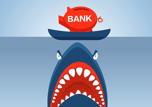 Banking risk and savings risk, piggy bank carried by boat is attacked by big underwater shark, savers lose their savings funds