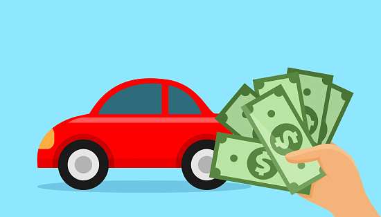 banknote money in hand and red car on blue background, money and car for banner copy space, clip art money and car for insurance business poster, money and car for infographics buy and sell financial