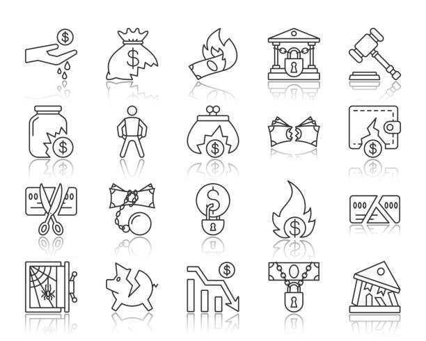 Bankruptcy simple black line icons vector set Bankruptcy thin line icons set. Outline web sign kit of business. Crisis linear icon collection includes recession, poverty, money. Simple bankruptcy symbol with reflection. Vector Illustration bankruptcy stock illustrations