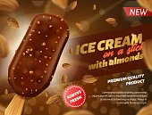 Realistic Banner Advertising Premium Quality Chocolate Ice Cream with Almonds on Stick. Fresh Cold Dessert with Nuts Sprinkling. Whole Beans as Decor Flying around. Vector 3d Illustration with Text