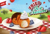Realistic Banner Offering Deep Fried Ice Cream Balls in Crisp. New Premium Quality Dessert with Strawberry and Blueberry on Plate. Table with Napkin for Picnic. Natural Design. Vector 3d Illustration