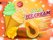 Realistic Banner Advertising Colorful Exotic Fruit Ice Cream in Waffle Cone. Premium Quality Dessert with Natural Papaya and Mango. New Fresh Summer Taste GMO and Gluten Free. Vector 3d Illustration