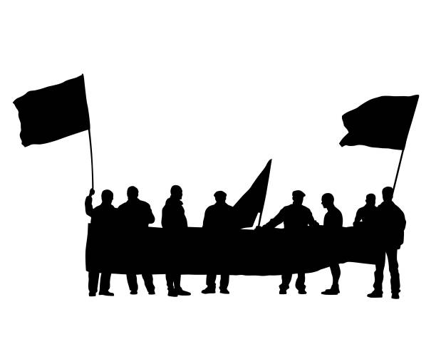 Banner and flags People of with banner and flags. Isolated silhouettes of people on a white background angry crowd stock illustrations