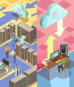 Information center isometric vertical banners with staff hosting server cloud services and transfer data isolated vector illustration