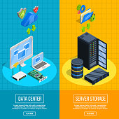 Set of two vertical datacenter banners with isometric client and server side equipment images vector illustration