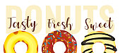 Banner design for Donut Shop, Sweet products, Bakery, Confectionery, Dessert. Donuts with various toppings. Vector illustration for poster, banner, cover, commercial, menu.