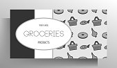 Banner design template for grocery store. Food pattern with place for your text. Vector 10 EPS.