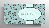 Banner design template for grocery store. Color pattern with food and place for your text. Vector 10 EPS.