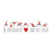 Banner or headline for advertising pregnant yoga. Women doing exercise. Variants of poses. Vector illustration.
