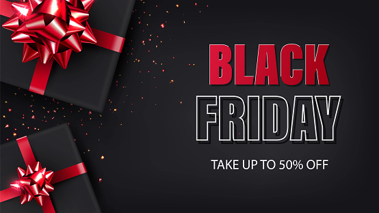 banner for black friday sale. Dark background with a gift wrapped in black paper and a red shiny bow. Vector illustration. Flyer or coupon concept