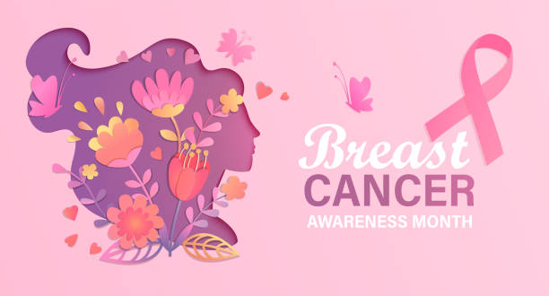 Banner for breast cancer awareness month. Breast cancer awareness month. World preventive health care initiative.Banner with paper cut woman face and flowers in her head,butterfly,pink ribbon, place for text.Poster, flyer.Vector illustration. pink color stock illustrations