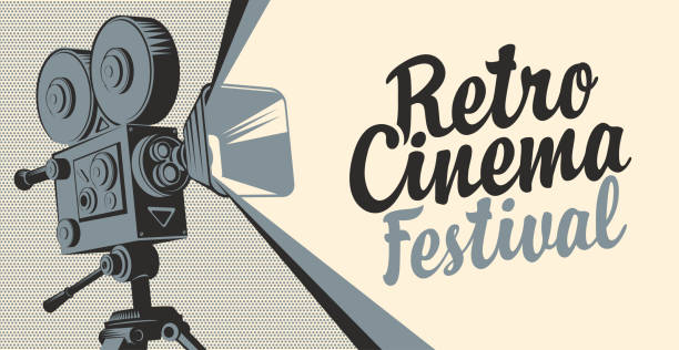banner for cinema festival with old movie camera Vector poster for retro cinema festival with old fashioned movie projector or camera. Movie background with calligraphic inscription. Can be used for flyer, banner, poster, web page, background movie camera stock illustrations