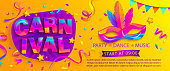 Banner for fun carnival party. Traditional mask with feathers and confetti for carnaval,mardi gras, fesival,masquerade,parade.Template for design invitation,flyer poster,banners. Vector illustration.