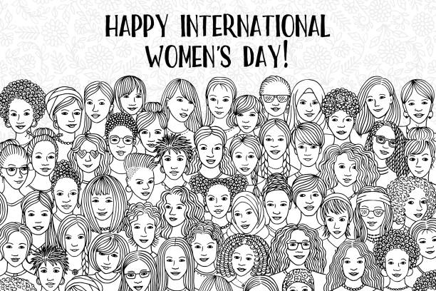 Banner for international women's day A variety of women's faces from all over the world, diverse group of hand drawn women only women stock illustrations