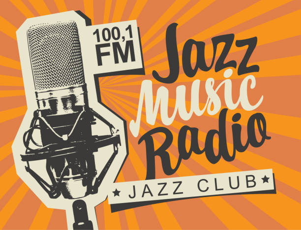 banner for jazz music radio with studio microphone Vector banner for radio station with studio microphone and inscription Jazz music radio on the abstract background with rays. Radio broadcasting concept. Suitable for flyer, ad, poster, placard radio broadcasting illustrations stock illustrations