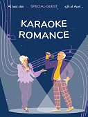 Decorative banner or poster for karaoke club with romantic singing elderly couple, flat vector illustration. Promotion of karaoke retro songs event for seniors.