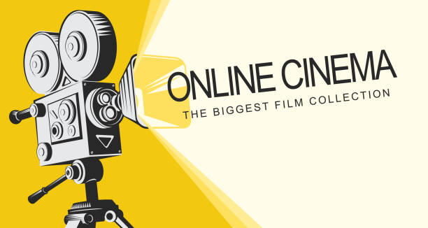 banner for online cinema with old movie projector Vector online cinema poster with old fashioned movie projector. Vintage retro movie camera with light and video tape. Online cinema concept. Can be used for flyer, banner, poster, web page, background movie camera stock illustrations