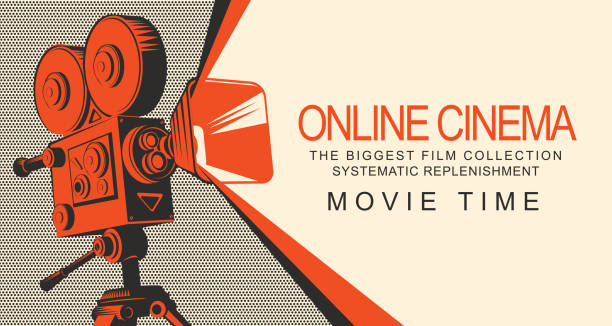 banner for online cinema with old movie projector Vector online cinema poster with old fashioned movie projector. Vintage retro movie camera with light. Online cinema concept. Movie time. Can be used for flyer, banner, poster, web page, background movie backgrounds stock illustrations